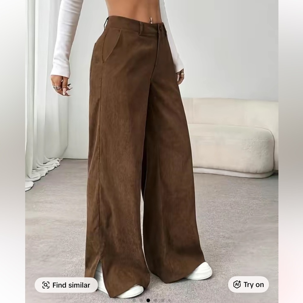 Brown Corduroy Wide-Leg Pants - Picture 3 of 4
